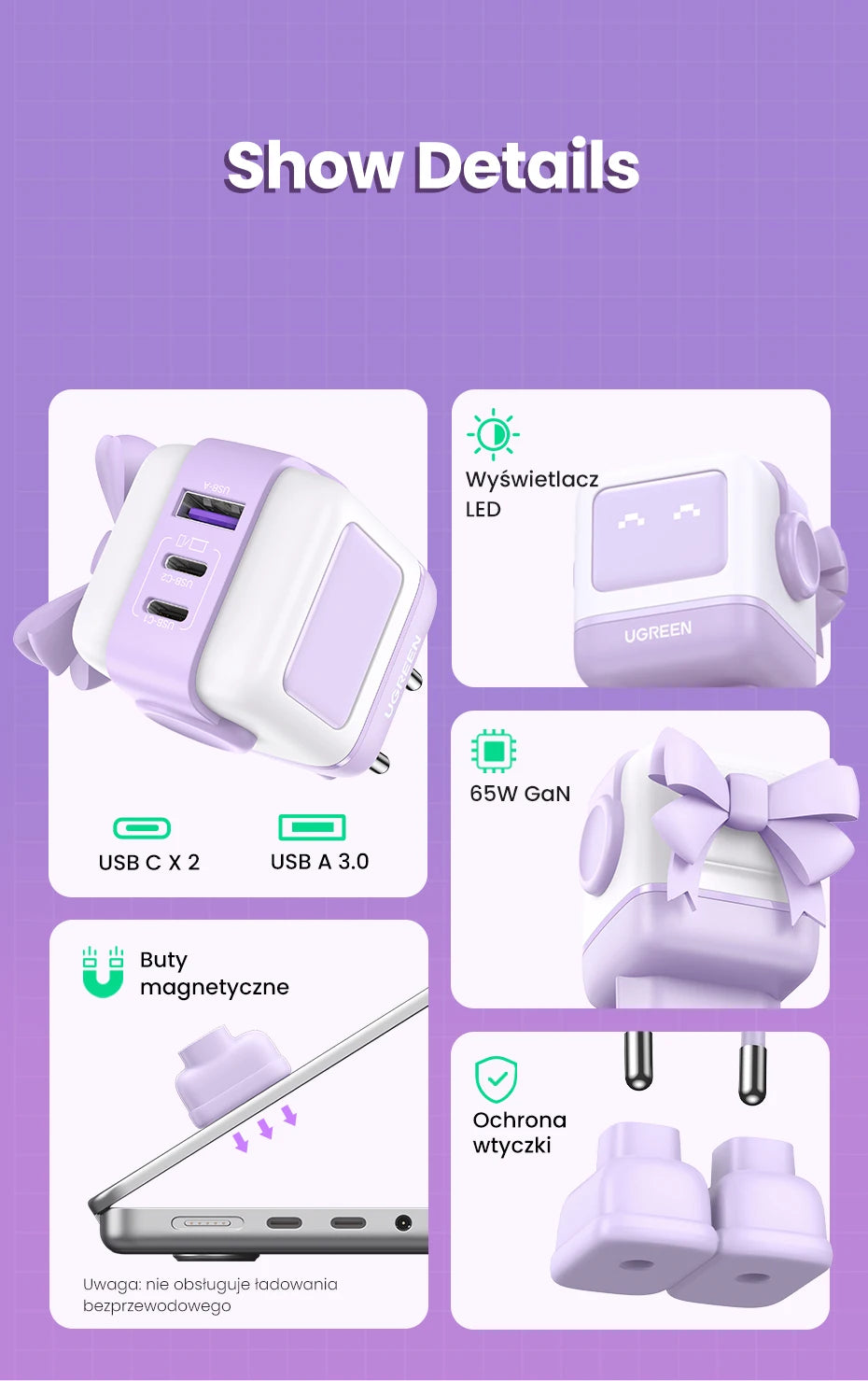 UGREEN 65W GaN Charger Uno Robot Design Quick Charge 4.0 3.0 PPS for iPhone 17 16 Pro Macbook Air Laptop Tablet PD Fast Charger