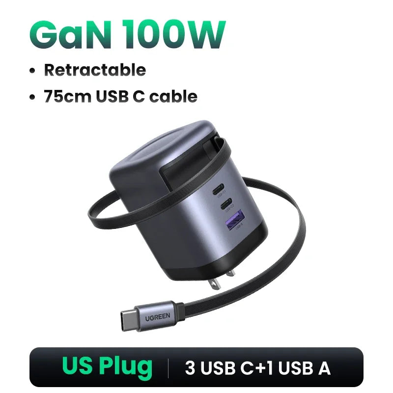 UGREEN 65W GaN Charger With Retractable USB C Cable For iPhone 17 16 Pro Samsung Xiaomi Laptop Macbook Tablet PD Fast Charger