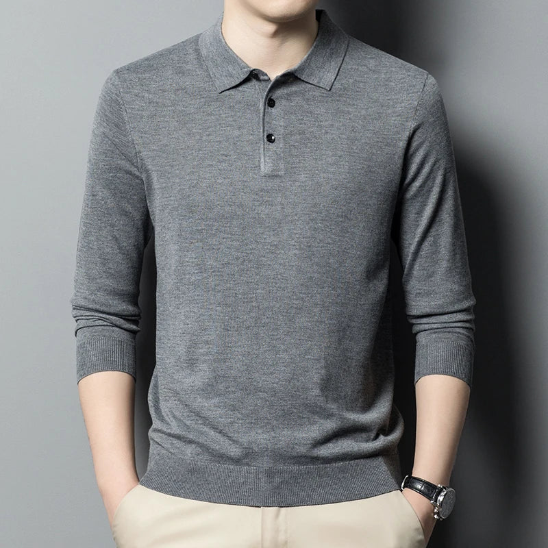 Spring Autumn Collar Long Sleeve Men's Wool Sweater Solid Color Collar Polo Sweater High end Thin Hooded Business Casual Sweater
