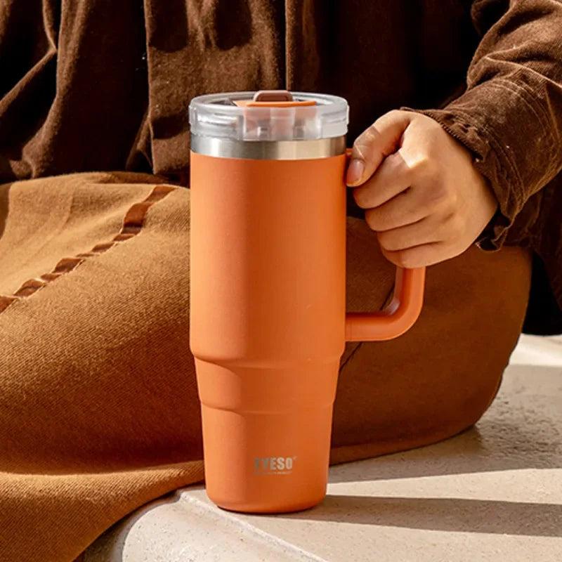 Tyeso 900/1200ML Tumbler Bottle Stainless Steel Car Mug With Handle Straw Thermal Iced Travel Vacuum Insulated Coffee Hot Cup