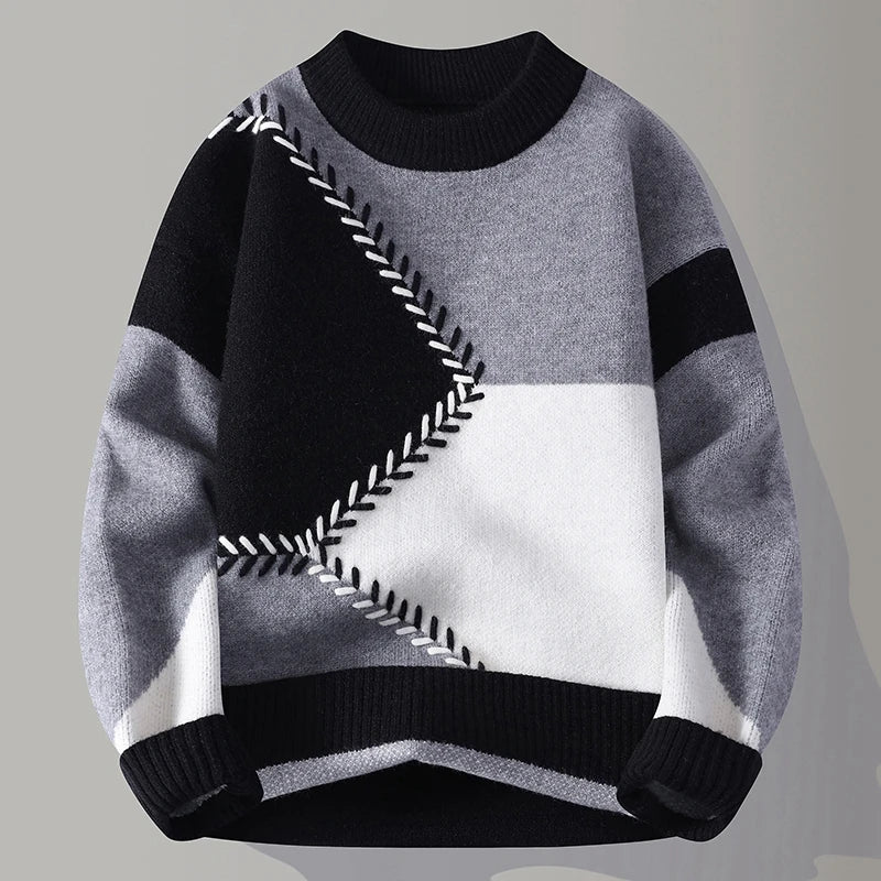 Autumn Winter Youthful Vitality Pullovers Men Fashion Patchwork O-Neck Knitted Sweater Mens Loose Warm Casual Chic Knit Sweaters