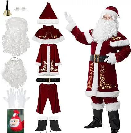 Ecoparty Santa Claus Costume Christmas 12pcs Deluxe Velvet Santa Suit for Adults Teenager Plus Size 6XL