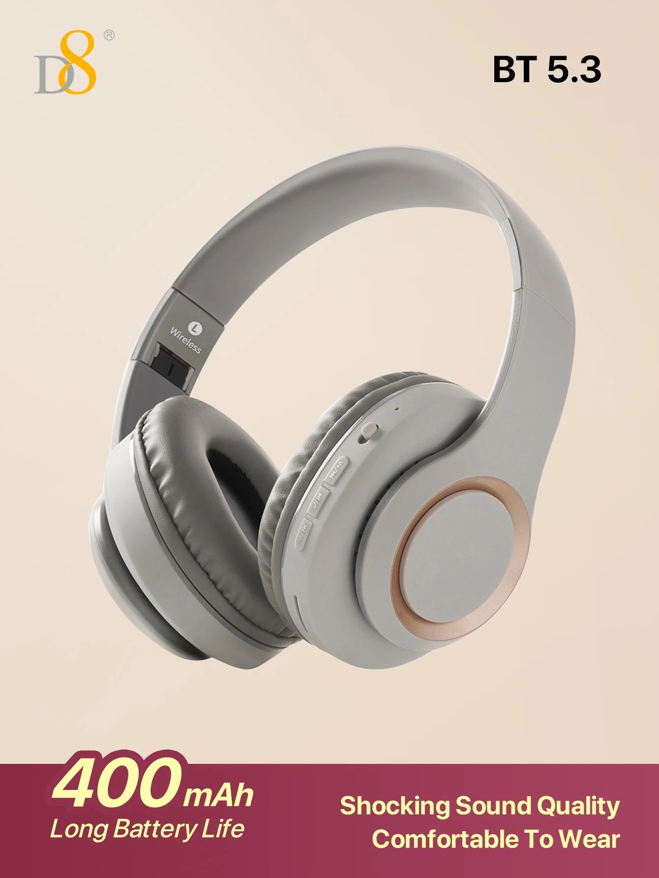 D8 Over Ear  Headphones,  Wireless and Wired Headset Built-in Microphone,  Micro SD Card Slot - (Stealth)  40H Playtime