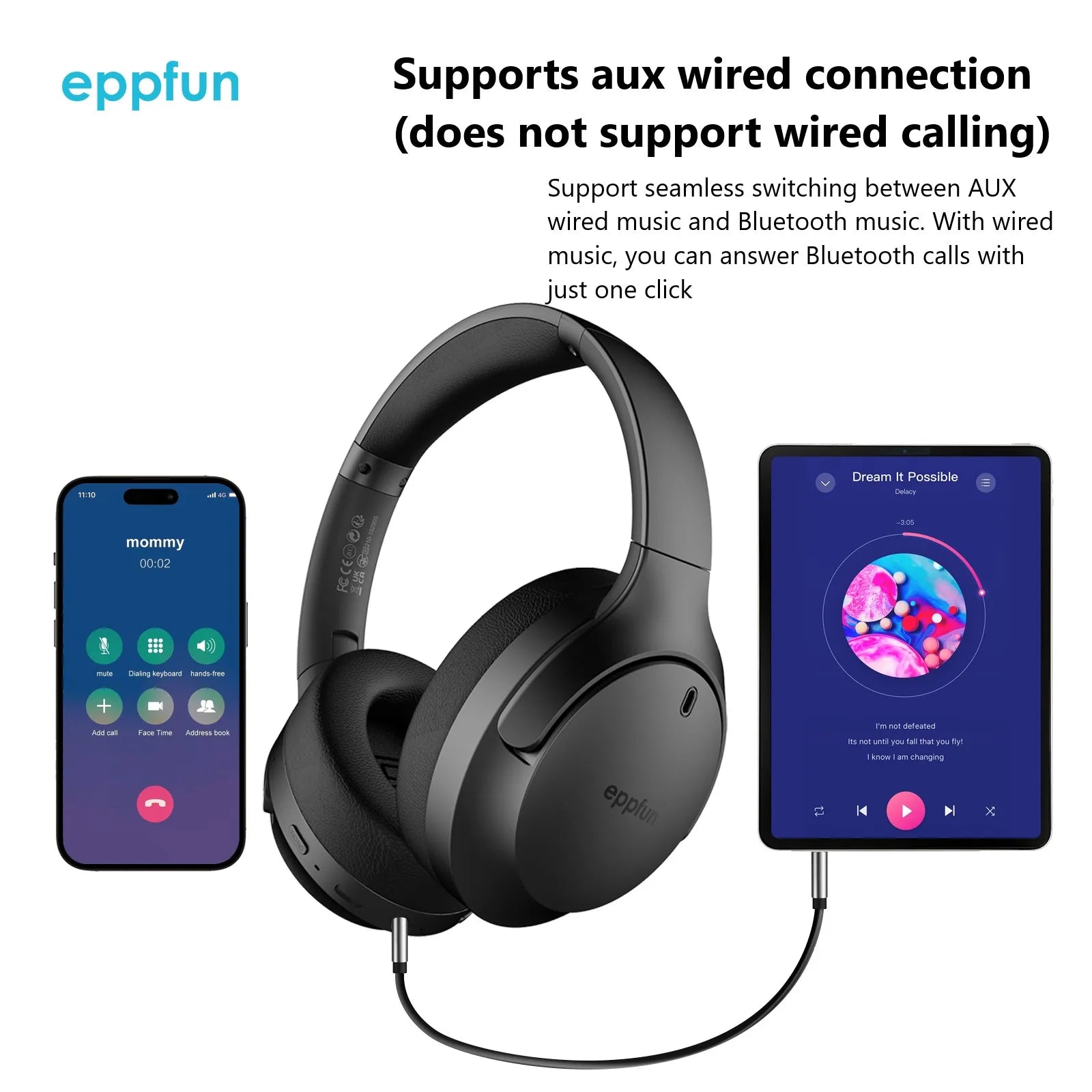 eppfun LE Audio Over Ear Bluetooth 5.4 Headphones with mic,Aptx Lossless/LC3/Auracast Headset for Music Gaming TV Watching QC308