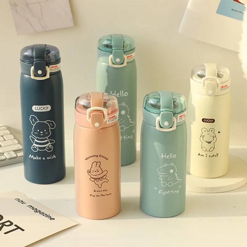 350ml/500ml Cartoon Stainless Steel Thermal Flask With Straw Portable Kids Cute Thermal Water Bottle