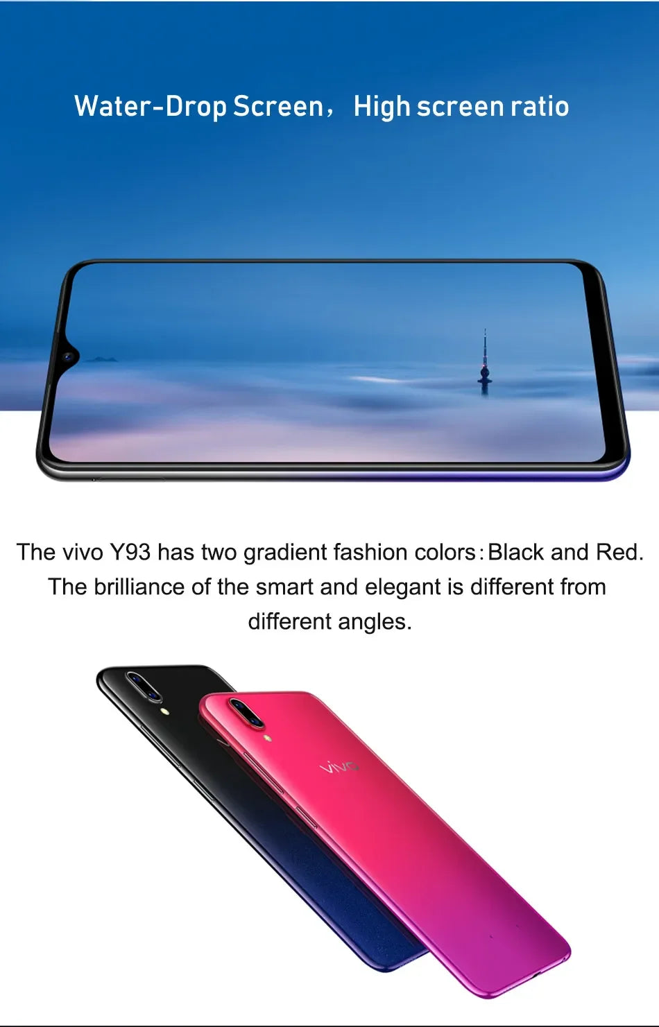 VIVO Y93 Smartphone Global firmware  Camera 13MP+2.0MP 4GB 64GB  Android 8.1 6.2'' 4030mAh Dual SIM Used Phone