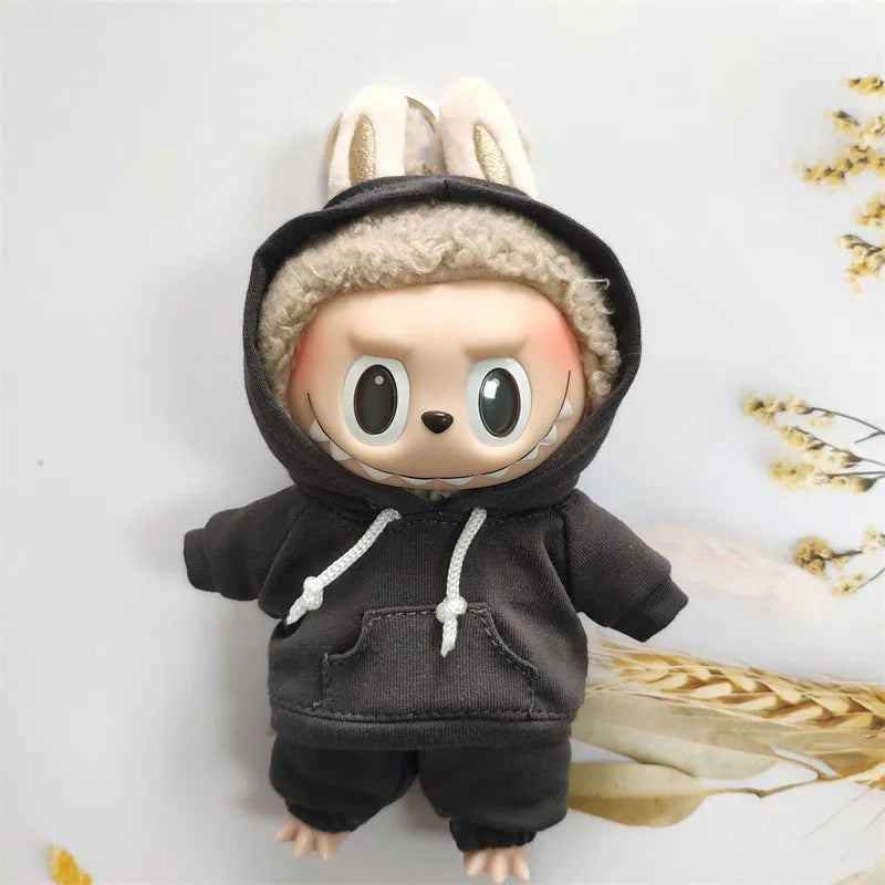 17cm Labubu Doll Black Hoodie Sweatshirt and Pants Set for Doll DIY Outfit Gift