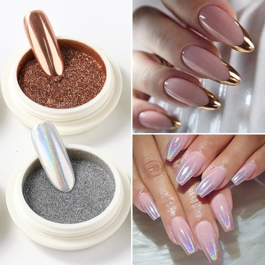 6pcs Chrome Mirror White Nail Powder Pigment Gold Silver Rubbing Holographic Aurora Iridescent Metallic Nail ArtPower Decoration