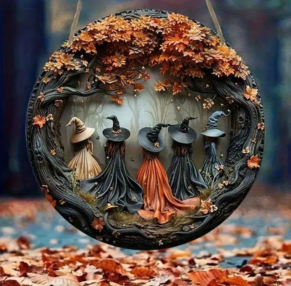 2D Exquisite Witch and Autumn Leaves - Halloween Circular Wooden Sign, Suitable for Home, Restaurant, Bar, Door Decoration Gifts