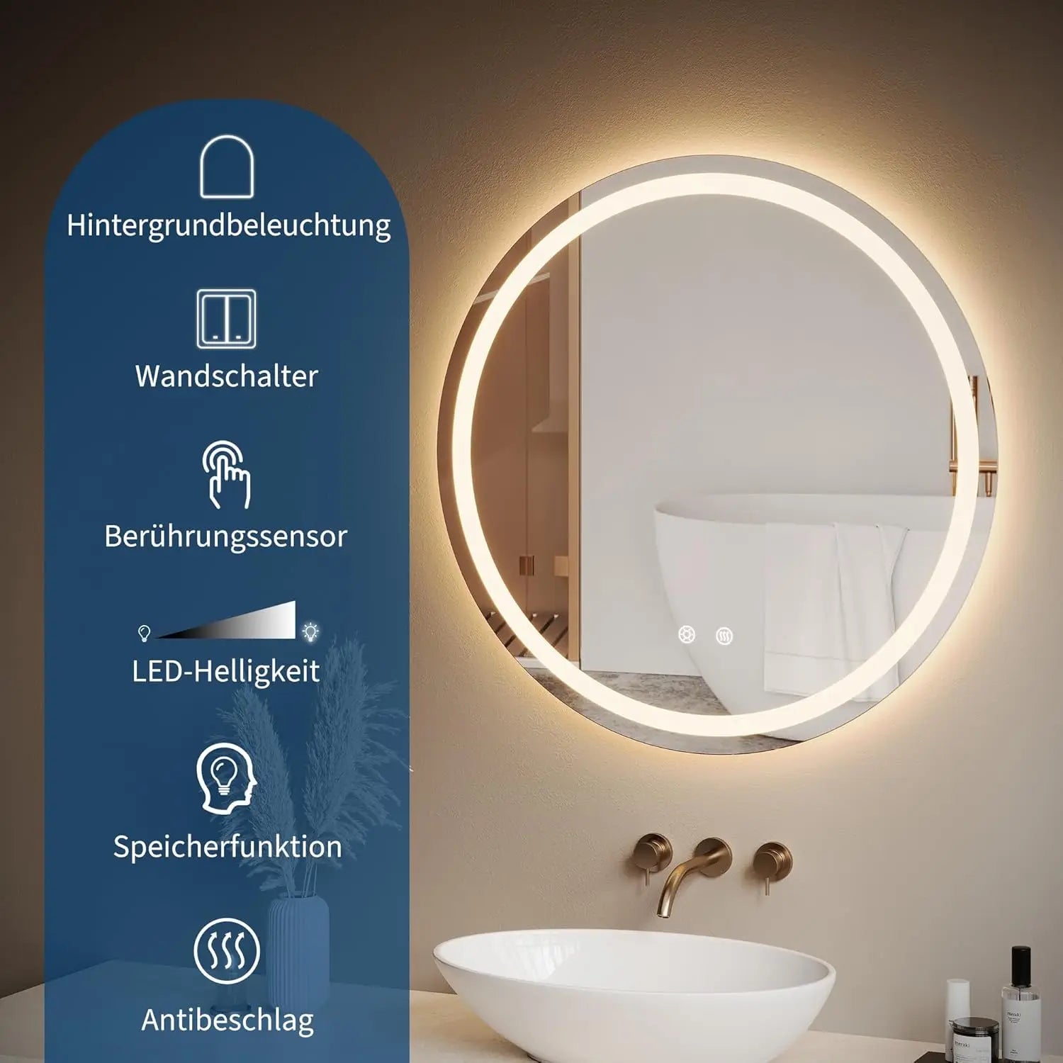 50/60cm Round LED Backlit Mirror Bathroom Vanity with Lights Anti-Fog Dimmable Smart Wall Mirror with Time and Touch Switch