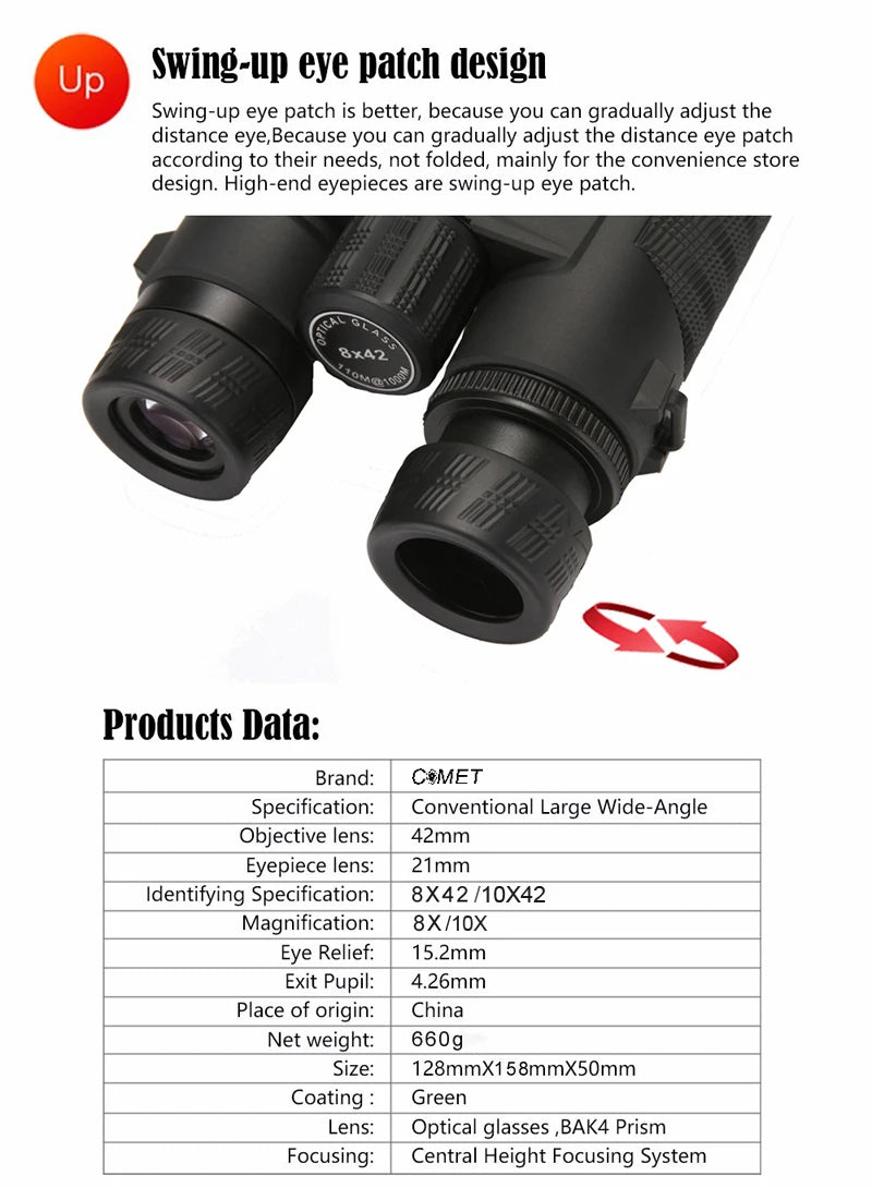 COMET 8x42 10X42 Powerful Binoculars Long Range Waterproof Bak4 Telescope Night Vision High Clarity For Tourism Hunting Camping