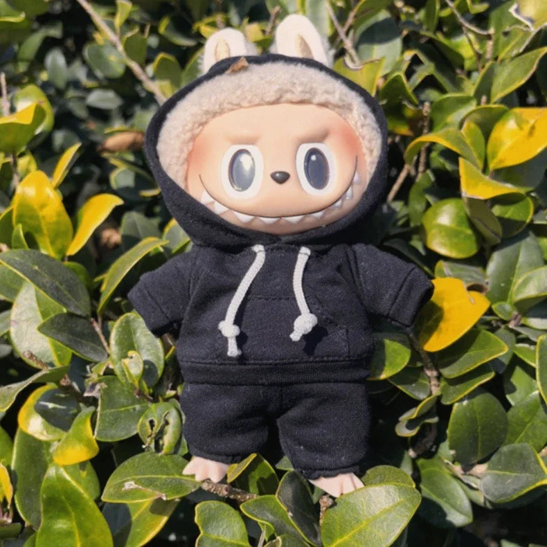 17cm Labubu Doll Black Hoodie Sweatshirt and Pants Set for Doll DIY Outfit Gift