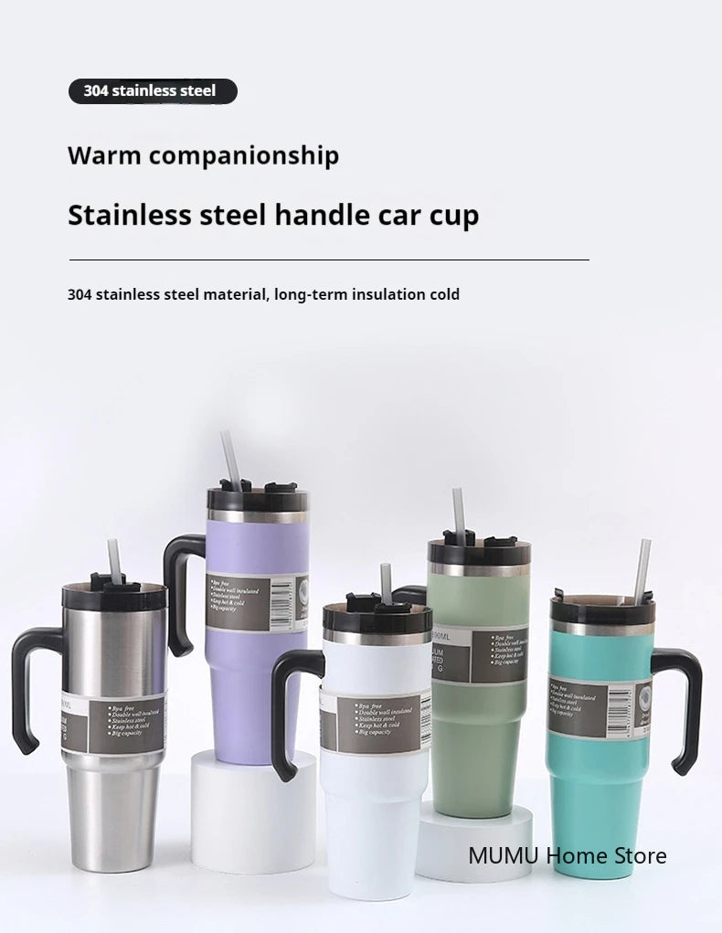 20oz/30oz Stainless Steel Car Thermos Bottle Travel Sports Water Bottle Large Capacity with Handle Straw Mug Outdoor Coffee Cup