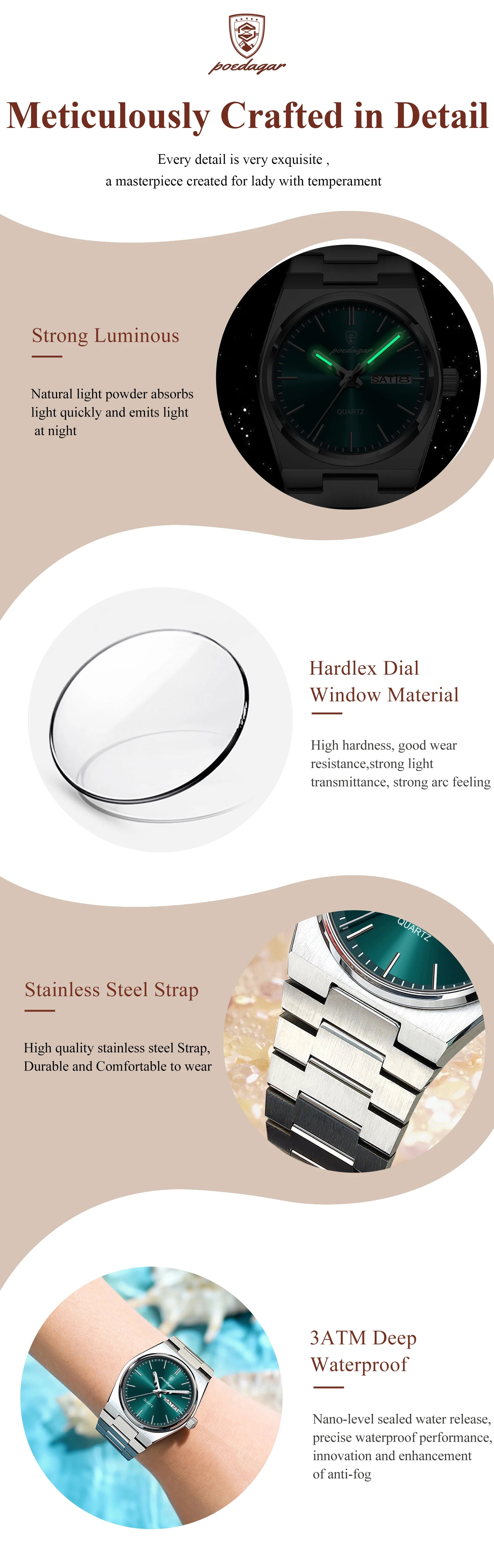 POEDAGAR Luxury Woman Watch Waterproof Luminous Fashion Quartz Ladies Wristwatch Date Week Stainless Steel Women's Watches Reloj