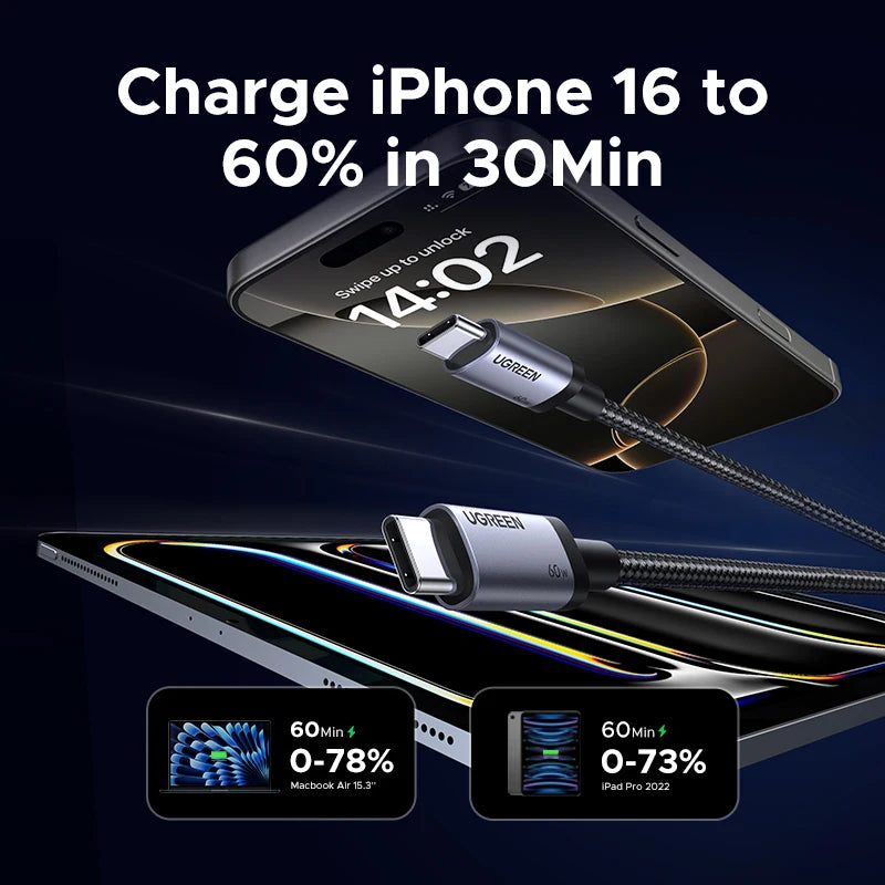 UGREEN PD60W Cable USB-C to USB-C High-Speed Data Sync And Charging Cable Durable Fast Charge Cable for USB-C Devices