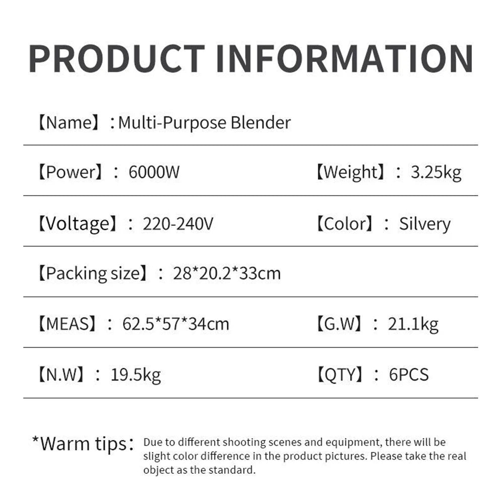 6000W Heavy Duty Commercial Blender Food Processor Stationary Mixer Ice Smoothies for Kitchen High Power Juicer Blender BPA Free