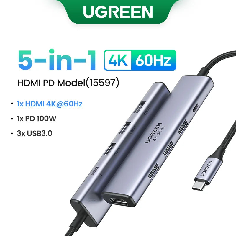 UGREEN USB-C HUB to 4K60Hz HDMI RJ45 Gigabit PD100W SD&TF USB3.0 5Gbps Splitter for MacBook Laptop Accessories Docking Station