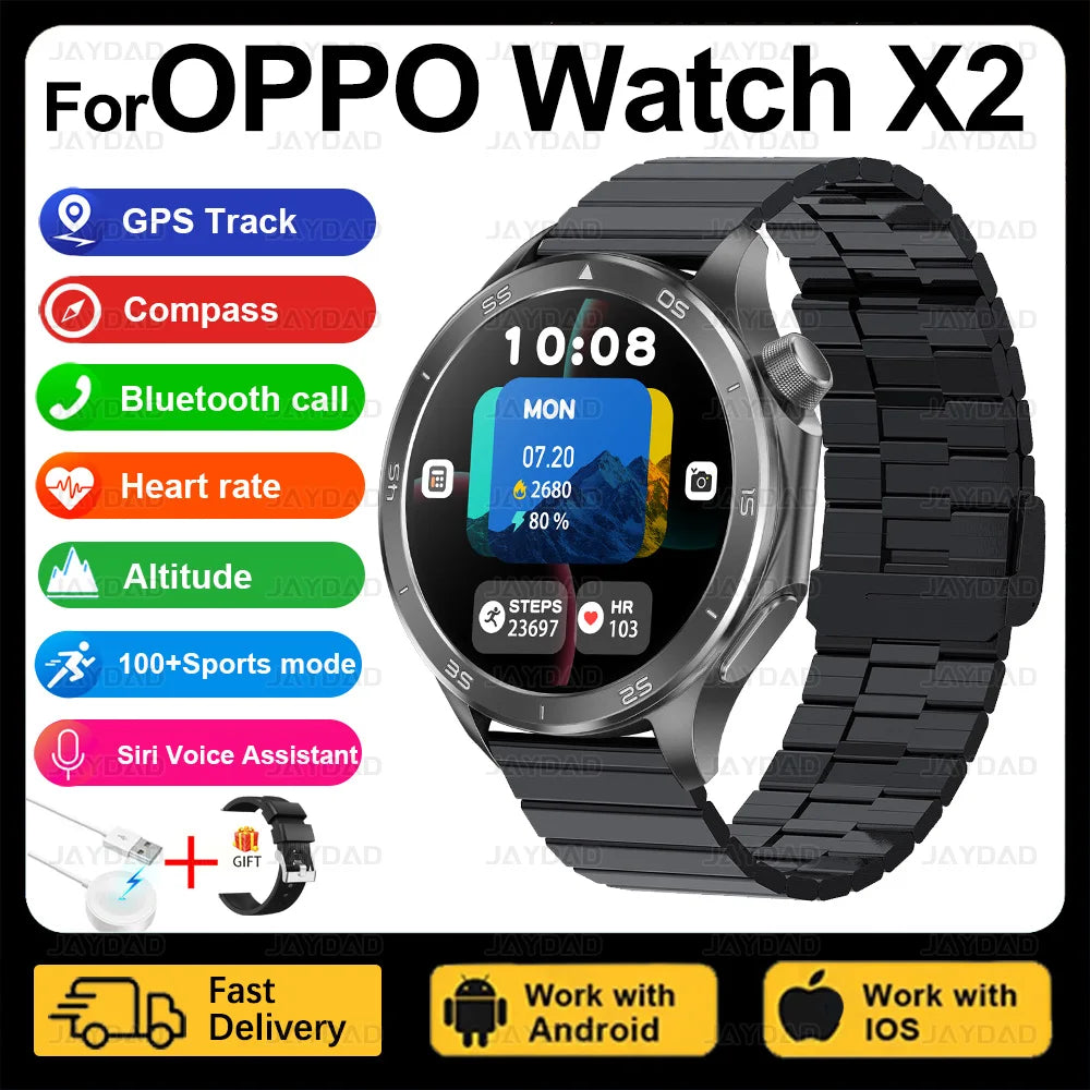 2025 New For OPPO Watch X2 Smart Watch Men AMOLED Outdoor Fashion GPS Compass Heart rate Waterproof Bluetooth Call Smartwatches