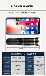 32x Professional Telescope Monocular HD Zoom Phone Lens Camera Telephoto With Tripod Metal Telescope For Tourism Camping