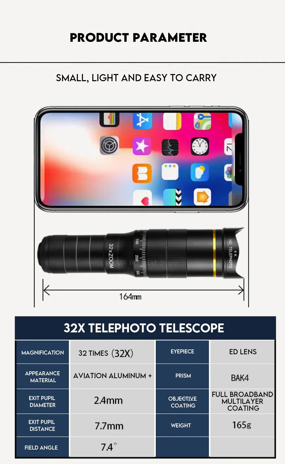32x Professional Telescope Monocular HD Zoom Phone Lens Camera Telephoto With Tripod Metal Telescope For Tourism Camping