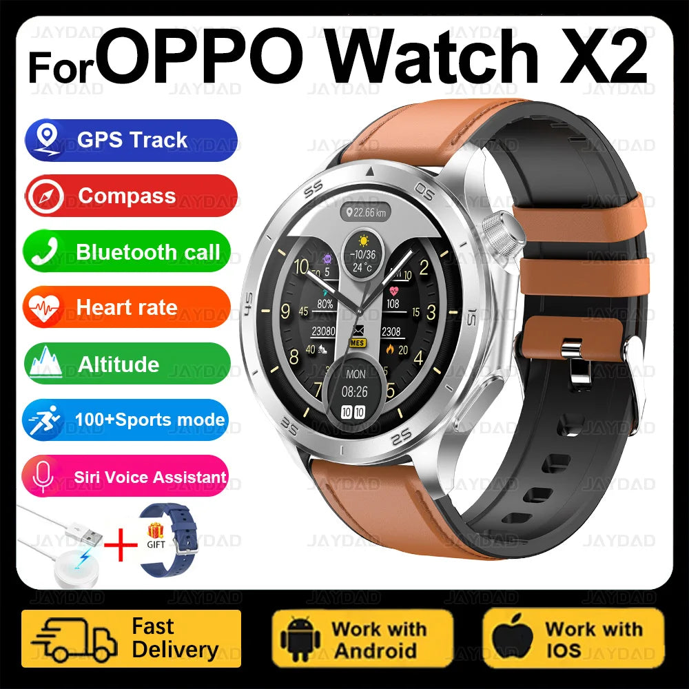 2025 New For OPPO Watch X2 Smart Watch Men AMOLED Outdoor Fashion GPS Compass Heart rate Waterproof Bluetooth Call Smartwatches