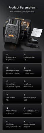 Binocular Infrared Night Visions Device 3W Infrared Telescope 10X Digital 800M Full Dark Viewing Video Record forHunting Camping