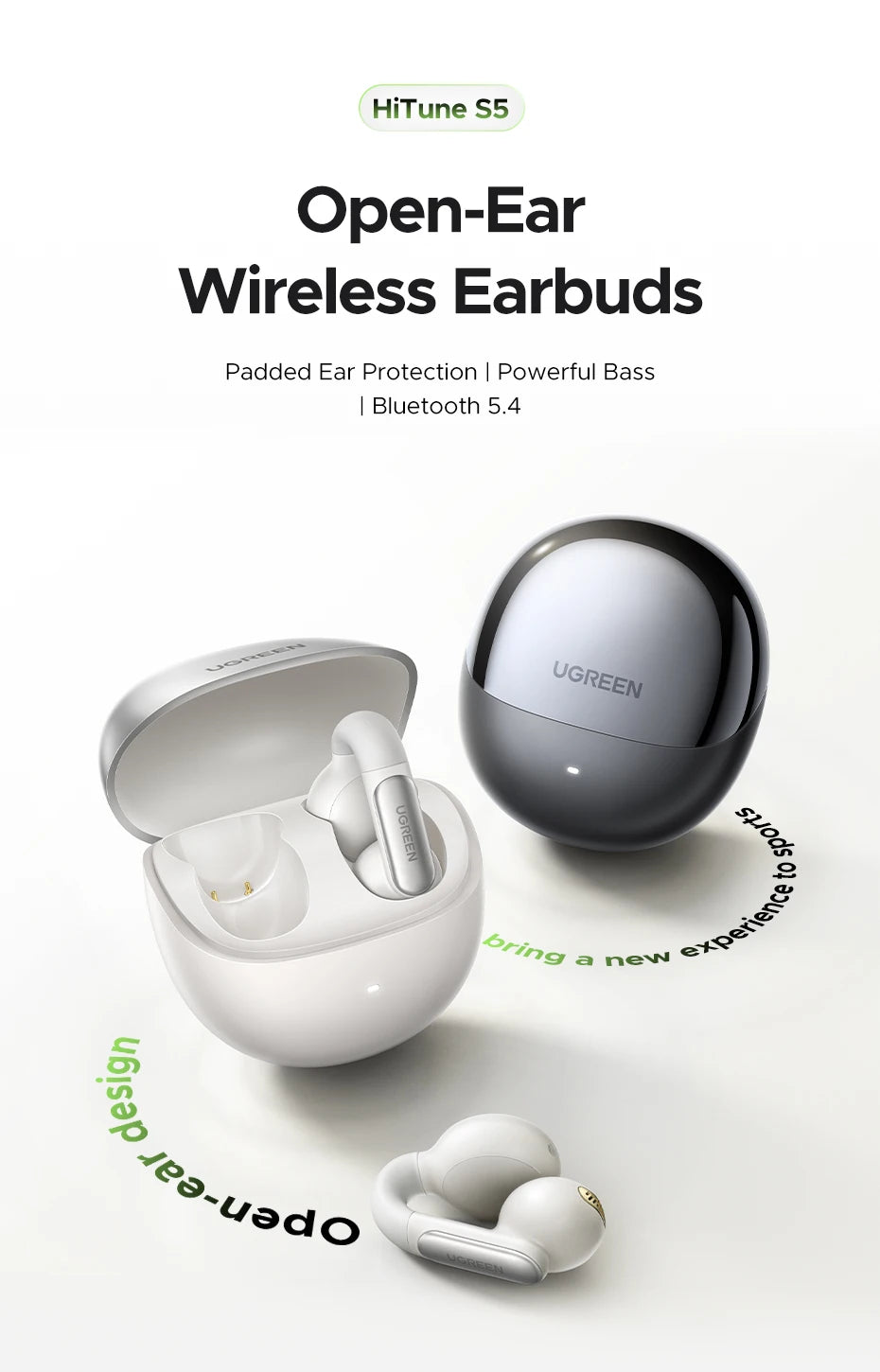 UGREEN HiTune S5 TWS Open Ear Clip Wireless Earbuds Bluetooth Sports Earphones Headphones in Mic with Earhooks & Ear Hook