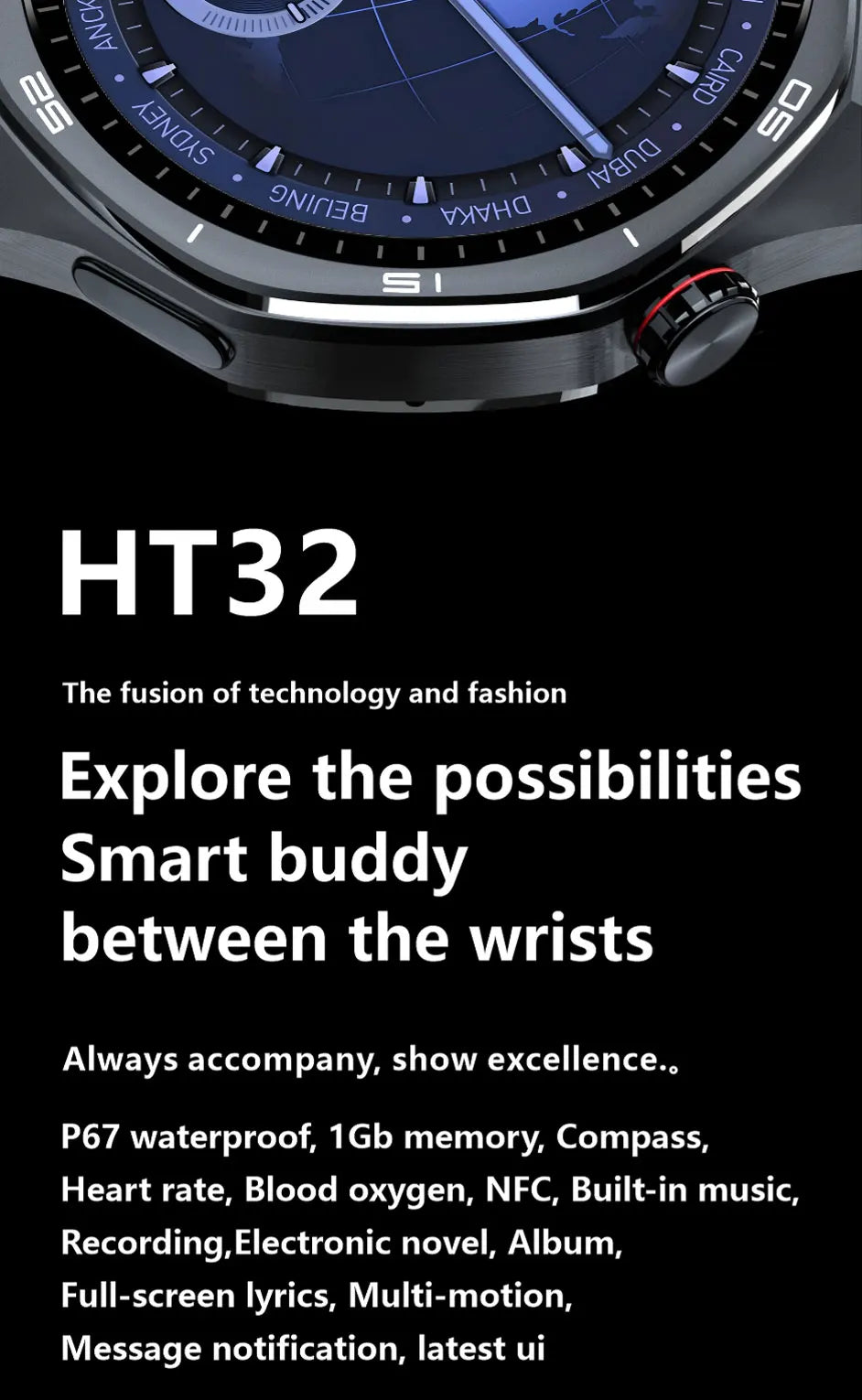 HT32 Smart Watch AMOLED Men Watch 5 Pro NFC Compass 1GB ROM Local Music Album E-Book Heart Rate Sport Smartwatch for Android IOS
