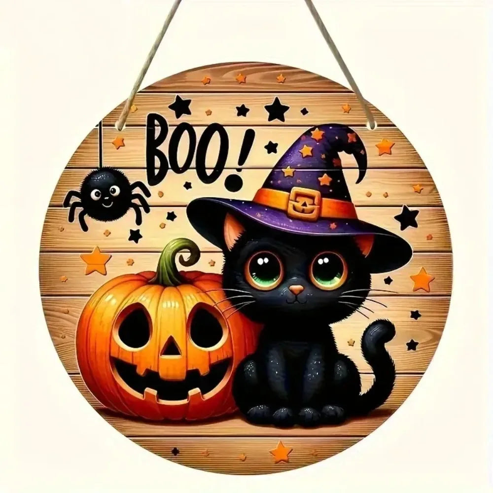 2D Halloween Circular Wooden Sign - Wizard Hat Black Cat and Pumpkin Lantern Pattern, Home, Courtyard, Porch Decoration, Gifts