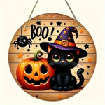2D Halloween Circular Wooden Sign - Wizard Hat Black Cat and Pumpkin Lantern Pattern, Home, Courtyard, Porch Decoration, Gifts