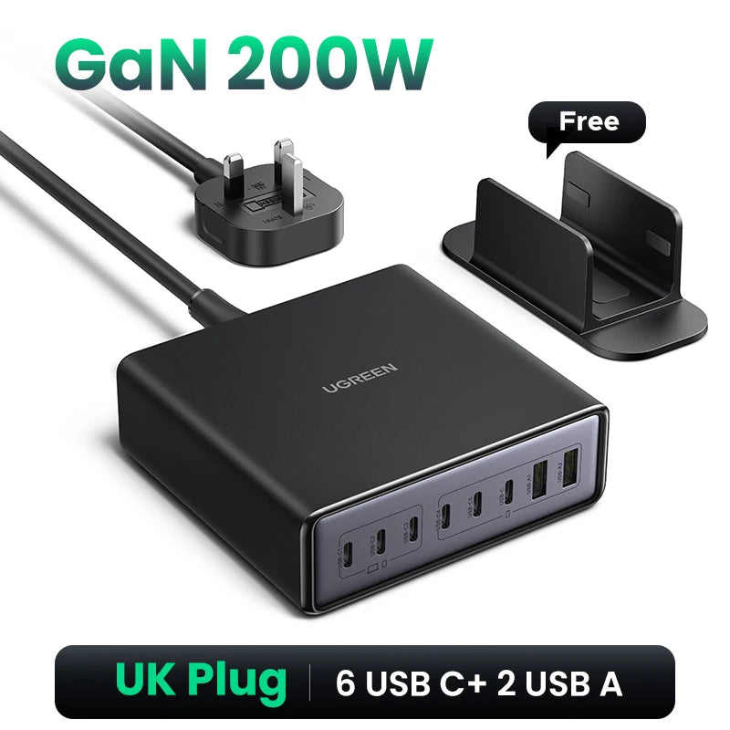UGREEN 200W GaN Charger 8 in 1 Desktop Laptop Fast Charging Stand For iPhone 17 16 15 Pro Max Macbook Air Xiaomi Samsung Tablets