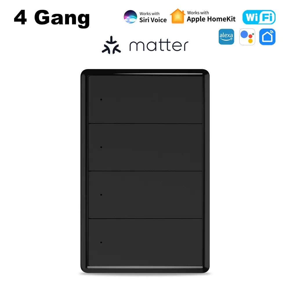 Manhot Matter WiFi Smart Wall Light Switch 1 2 3 4 Gangs with Neutral Wire Push  Physical Light Switches work with Homekit App