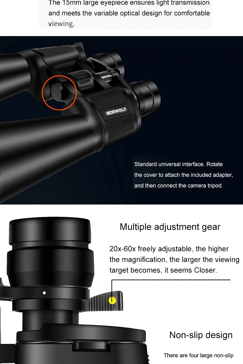 BORWOLF 20-60X70 Binoculars High Magnification  Long Range Zoom 60 Times  Hunting   Astronomical Telescope HD Professiona  Zoom