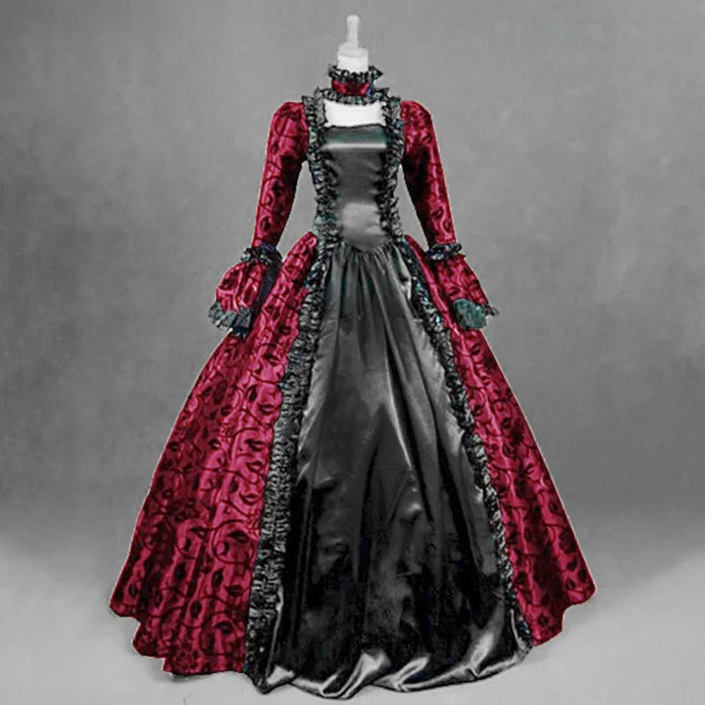 Women Vintage Exquisite Dress Gothic Retro Floral Print Ball Gowns Dress Medieval Renaissance Court Dress Halloween Costume