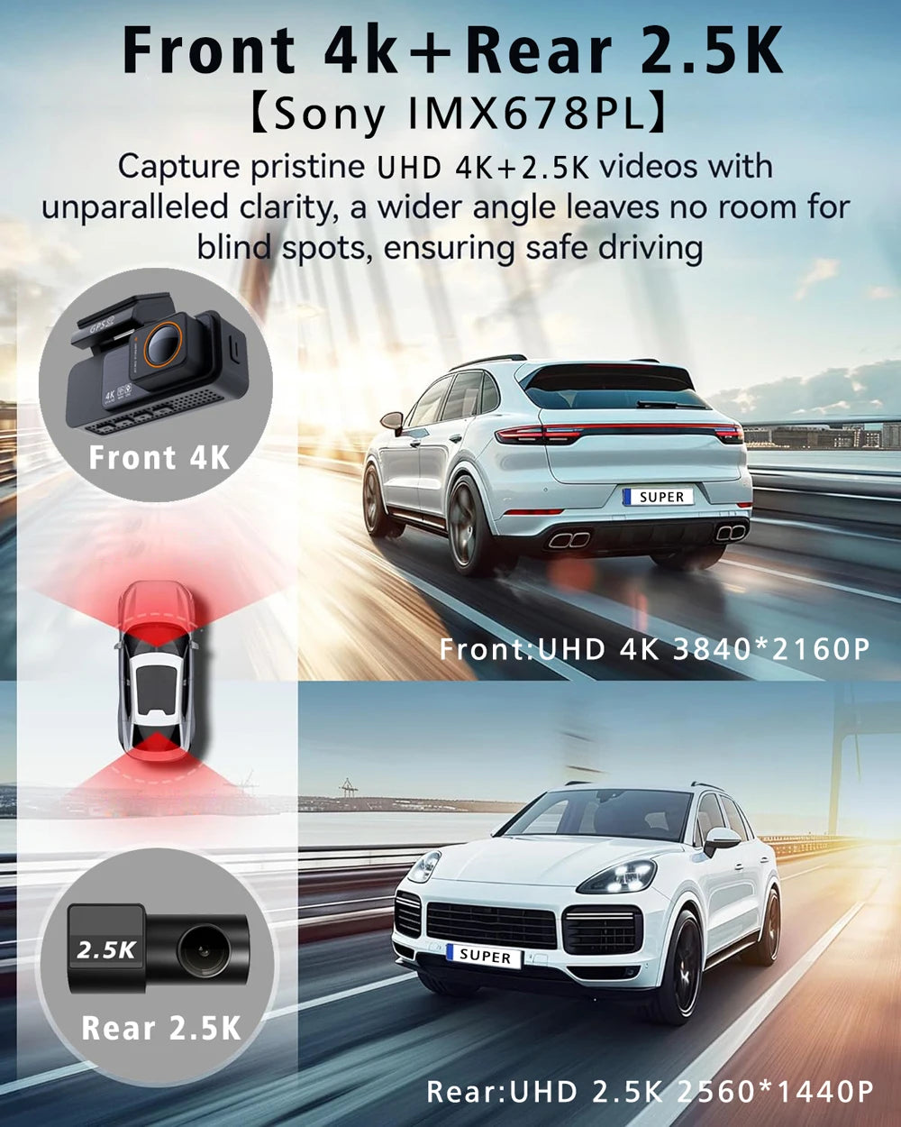 Dash Cam Dual Lens 4K UHD Recording Car Camera DVR Night Vision Video Recorder GPS Wi-Fi Room Black Box 2.5K Rear View Camera