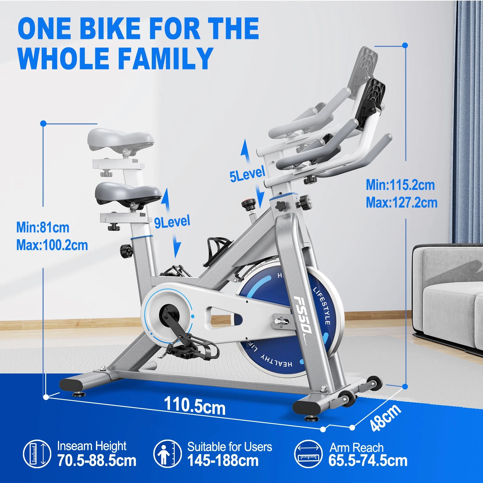 Fysiq Fs50 Exercise Bike 300W, 4-Way Adjustable Ergometer, Indoor Fitness Bike with Rpm Display, Tablet Holder, 150kg Capacity