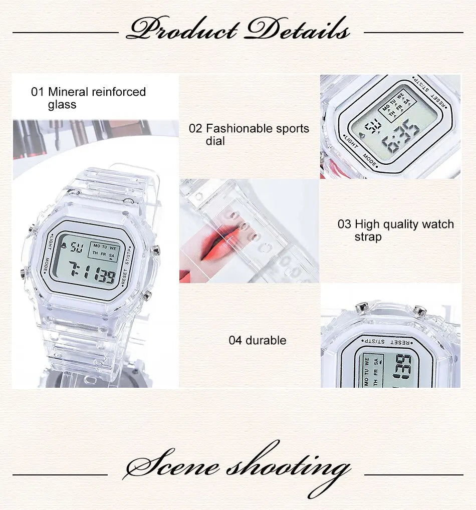 Sports Electronic Watch Men and Women Square Junior High School High School Students White LED Digital Watches