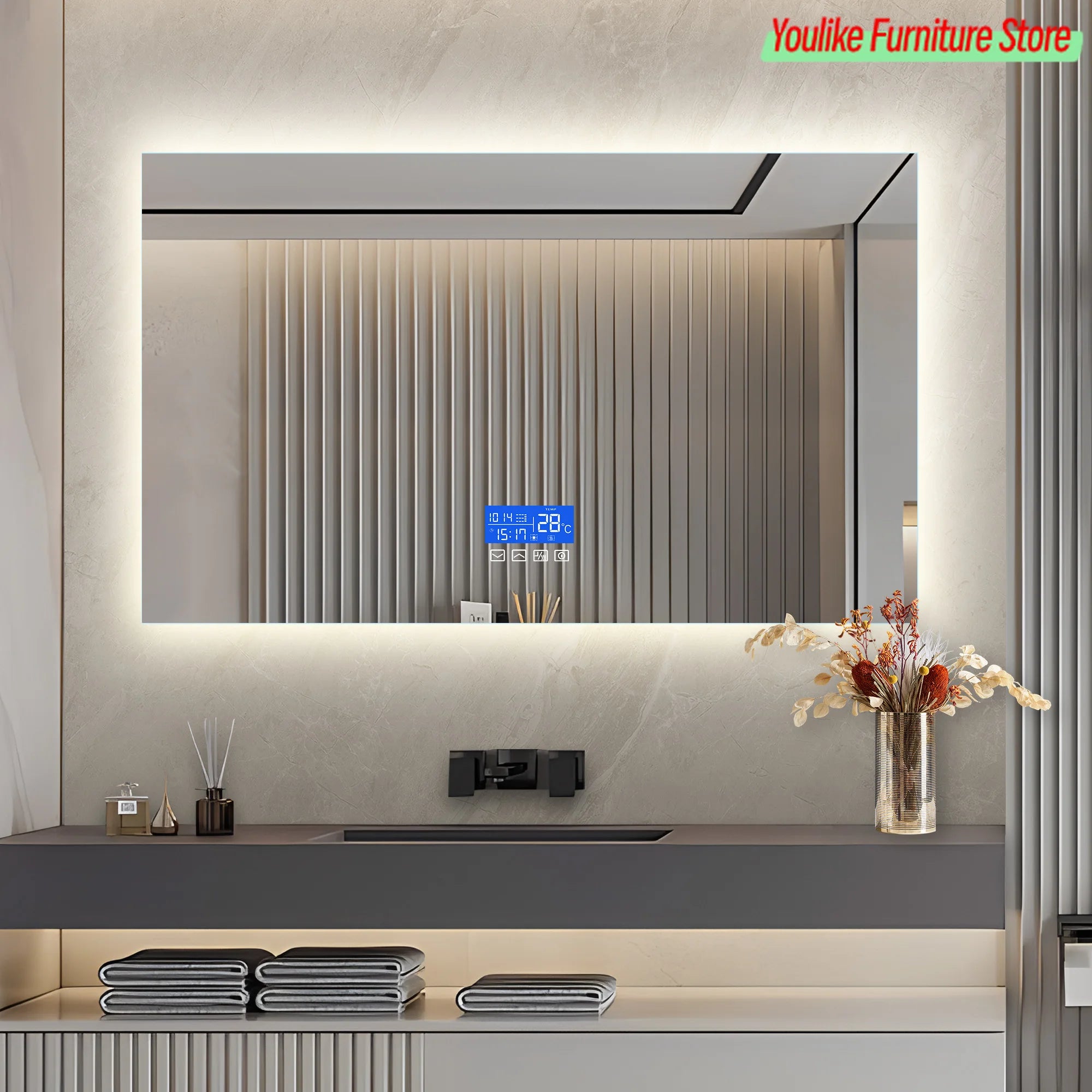 Comanlai Wall Mounted Bathroom Mirror LED Bathroom Mirror with Defogging and Lighting Function,Three Light Colours,