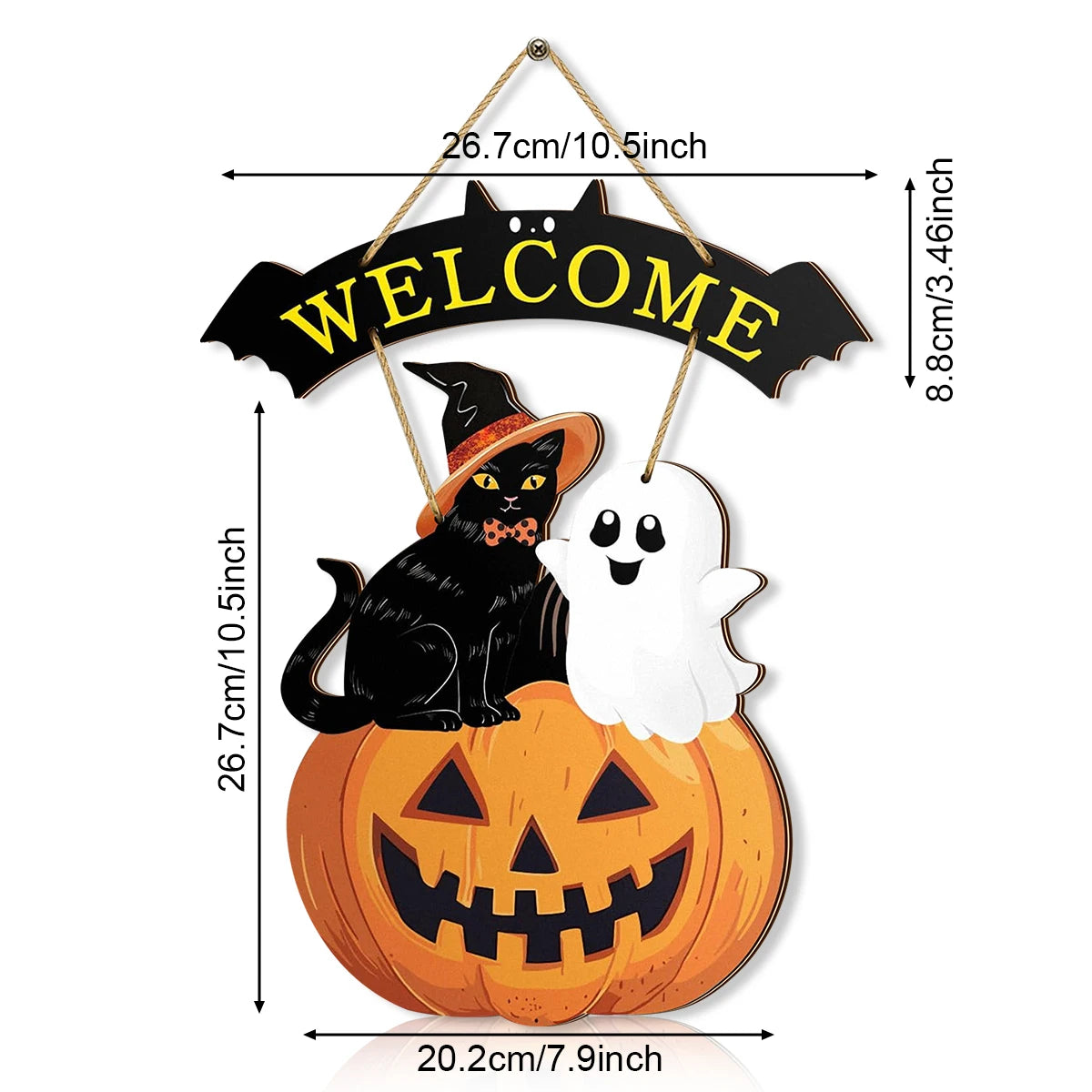 Halloween Welcome Sign with Cat, Ghost and Pumpkin - Festive Door Decor