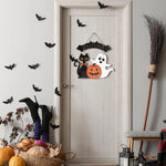 Halloween Decorative Wooden Sign with Black Cat, Pumpkin and Ghost - "Welcome" Design for Door Hanging