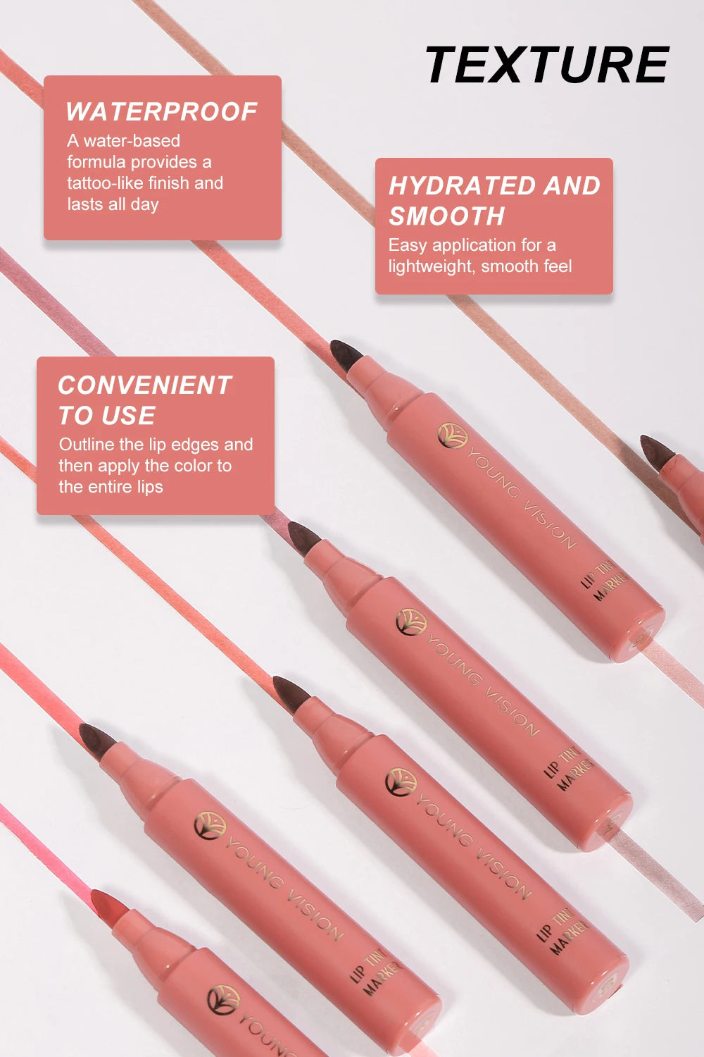 Lip Tint Pen, 6 Colors Available, Matte Water Lipstick, Non-Stick Cup, Long-Lasting, Smooth Lip Liner and Lip Stain Combo