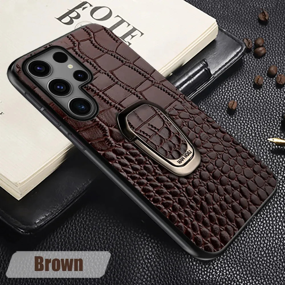 Genuine Cowhide Leather Bracket Phone Case For Samsung Galaxy S24 S23 Ultra S23 Plus S24Ultra S22Ultra Back Cover with Ring