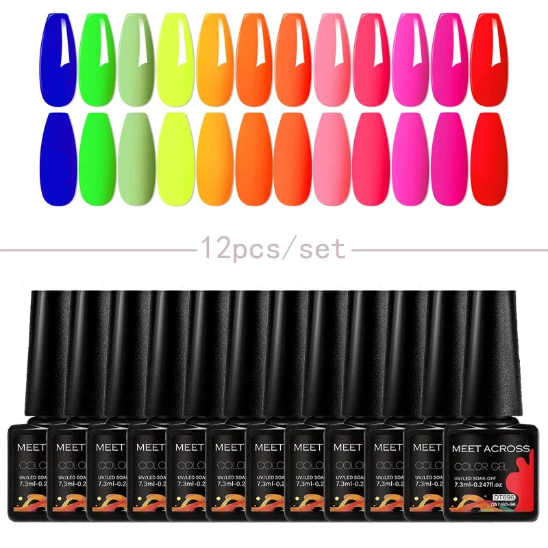 MEET ACROSS 12Pcs Gel Nail Polish Set 7.3ml Pink Blue Neon Macaron Color for Nails UV Gel LED Nail Art  Varnish Manicure Kit