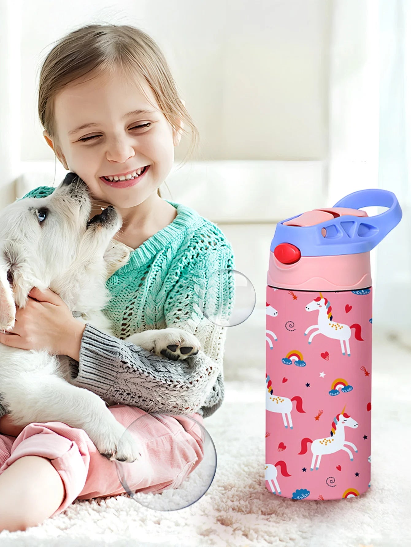 12OZ/350ml Cartoon Pattern Thermos Cup Stainless Steel Insulated Bottle Children Thermos Kettle Outdoor Portable Handheld Cup