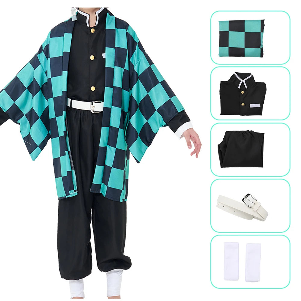 Anime Demon Slayer Kamado Tanjirou Cosplay Costume Kimetsu No Yaiba Cartoon Costume Sutis Wigs Halloween For Kids Adult CosParty
