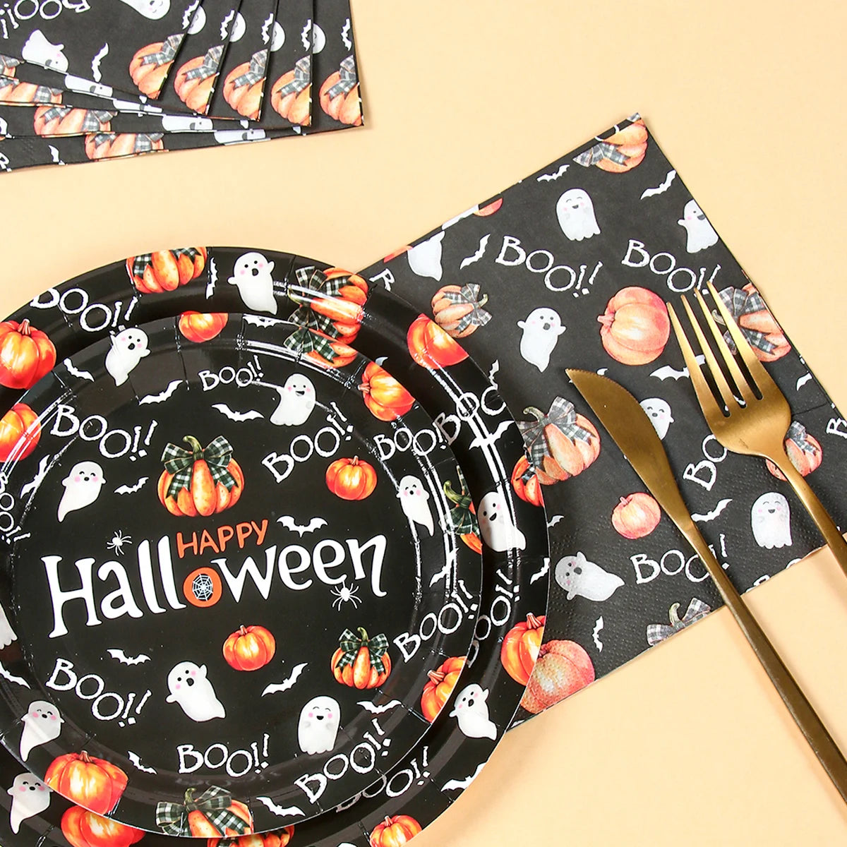 Halloween Disposable Tableware Pumpkin Ghost Boo Paper Plates Cups Napkins Kids Favor Happy Halloween Decoration Trick or Treat