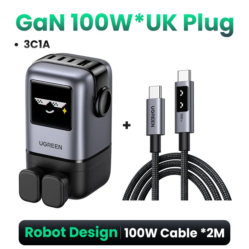 UGREEN Uno 100W GaN Charger Robot Design QC4.0 3.0 PPS PD 3.0 Fast Charger for iPhone 17 16 15 Pro Macbook Air Laptops Tablets