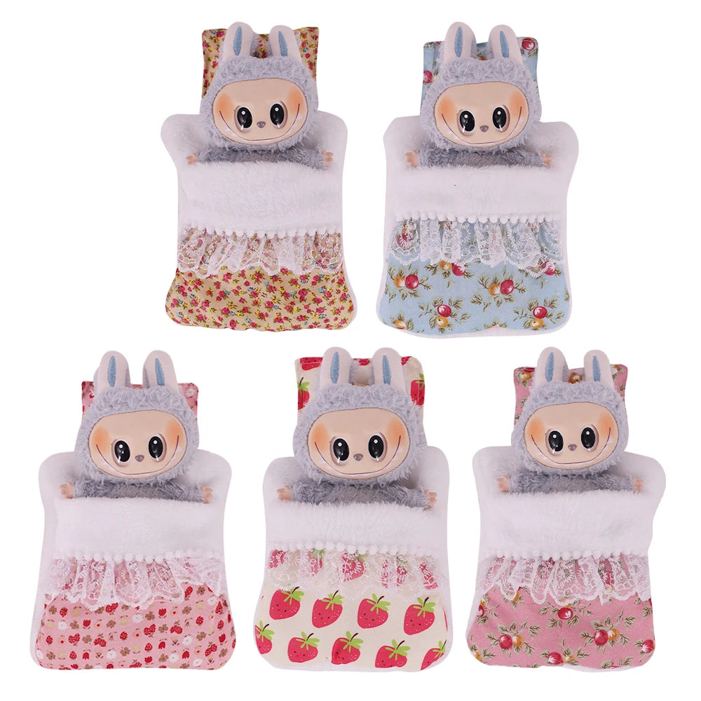 17cm Mini Doll's Accessories Set For Labubu Doll Pop 3Pcs/Set Bed+Quilt+Pillow Pajamas Sleeping Bag Dollhouse Gift,Girl's Toys