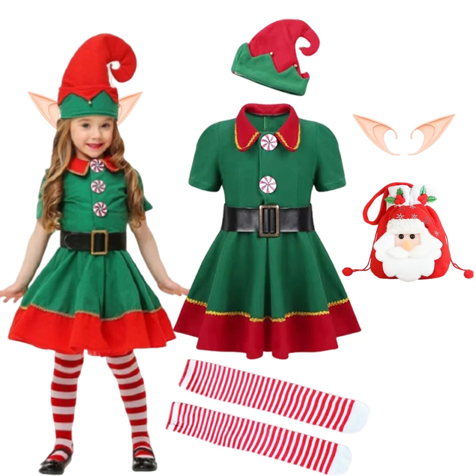 New Year Elf Costume For Kids Girl Boy Green Santa Claus Suit Set With Hat Children Fancy Christmas Party Dress Set Performance