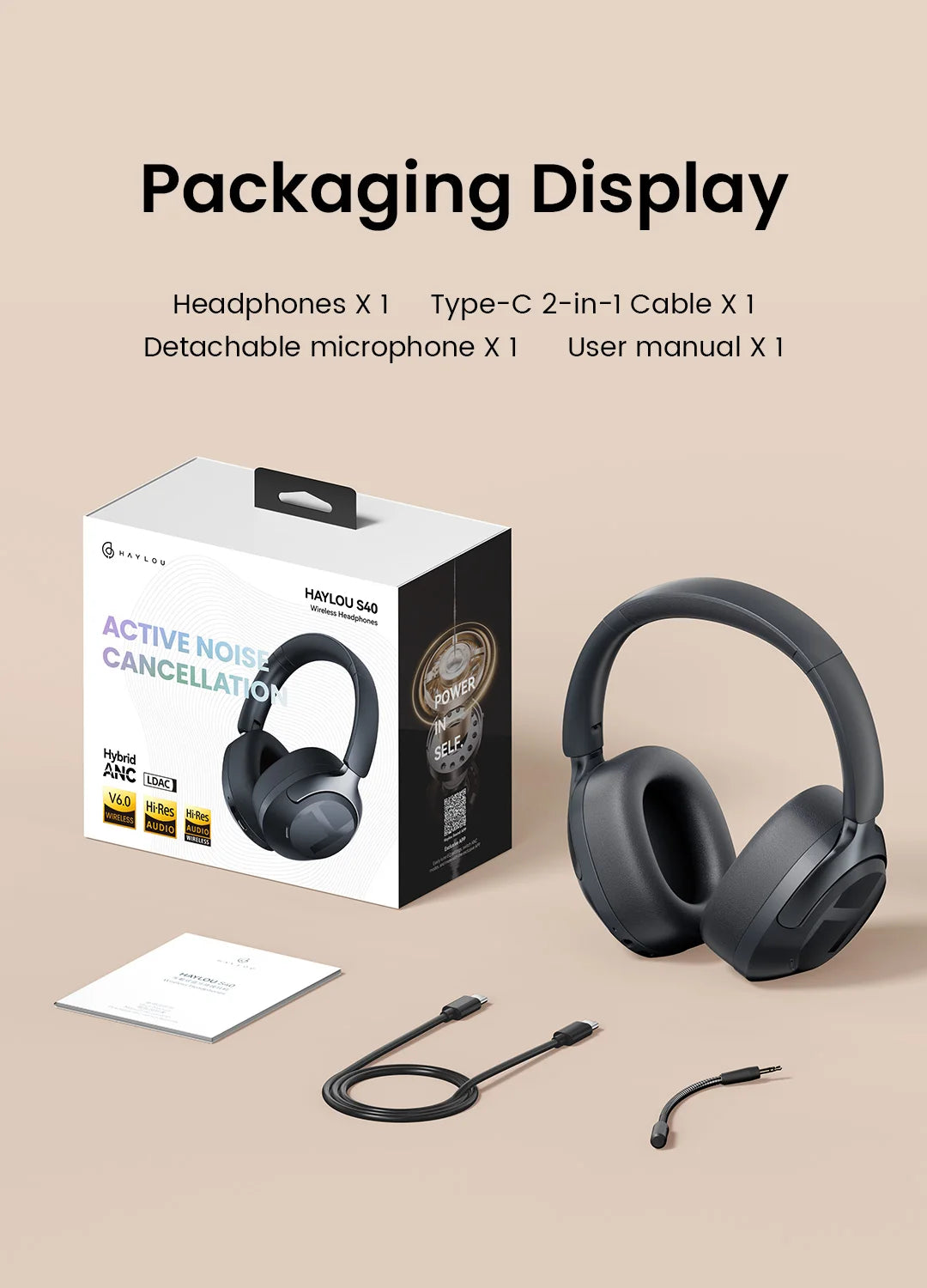 HAYLOU S40 ANC Wireless Headphone 50dB Noise Canceling Hi-Res 3D Spatial Audio Earphone with LDAC Bluetooth 6.0 Over Ear Headset